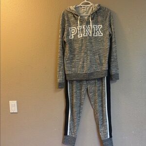 PINK Gray Marled Zip Hoodie with White Logo two-piece tracksuit